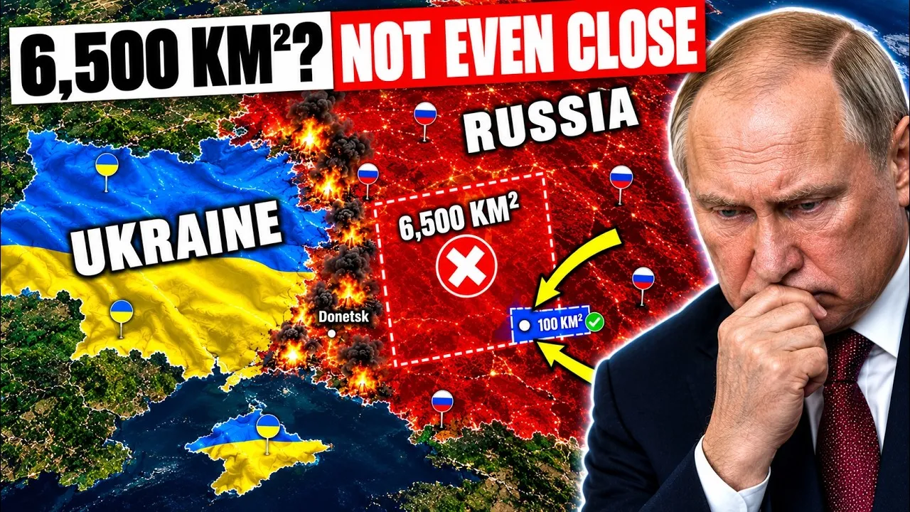 Thumbnail of our video: Putin says Russia took 6,500 square kilometres in 2026, while ISW counted about 100.